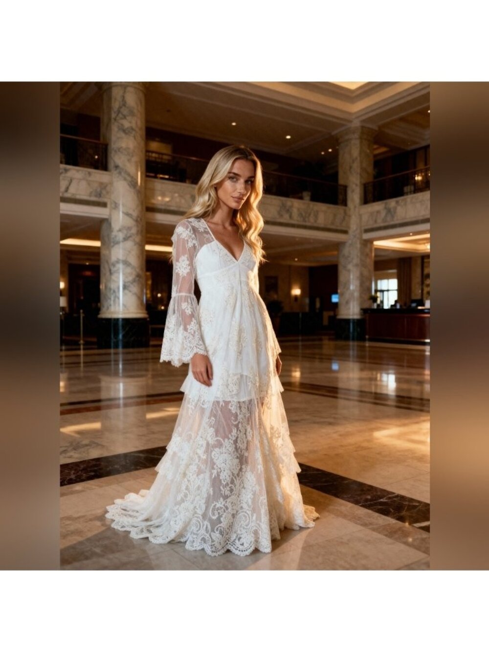 Jen's Pirate Booty Cream V Neck Bell Sleeve Gown